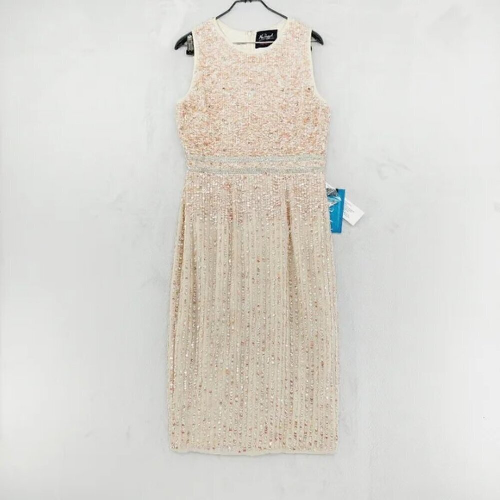 Mac Duggal NWT Nude Sleeveless High Neck Beaded Midi Sheath Dress | Size 10 - Picture 2 of 8